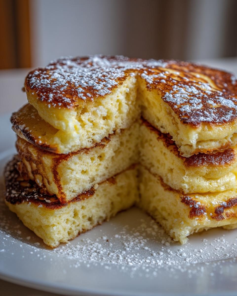 Nahaufnahme von gestapelten, fluffigen Quarkpfannkuchen ohne Mehl, bestäubt mit Puderzucker.