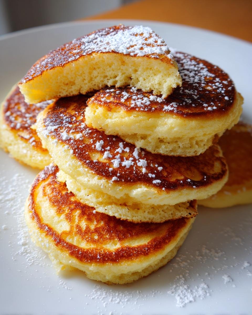 Stapel fluffige Quarkpfannkuchen ohne Mehl, bestäubt mit Puderzucker, mit einem angeschnittenen Stück oben.