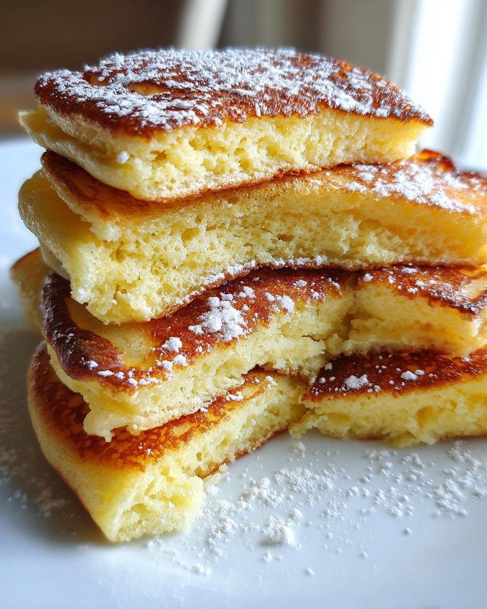 Nahaufnahme von gestapelten, fluffigen Quarkpfannkuchen ohne Mehl, bestäubt mit Puderzucker.