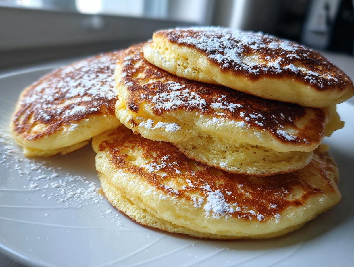 Ein Stapel von fluffigen Quarkpfannkuchen ohne Mehl, bestäubt mit Puderzucker auf einem weißen Teller.