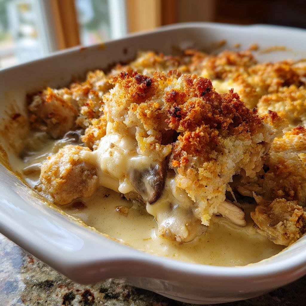 Nahaufnahme des Französischer Hühnerauflauf à la Normande mit cremiger Sauce und goldbrauner Kruste.