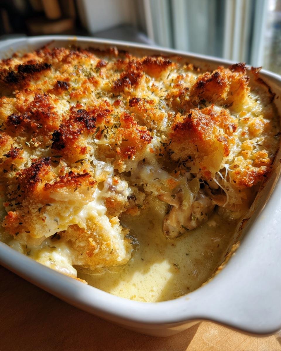 Nahaufnahme des Französischer Hühnerauflauf à la Normande mit goldbrauner, knuspriger Kruste und cremiger Sauce.