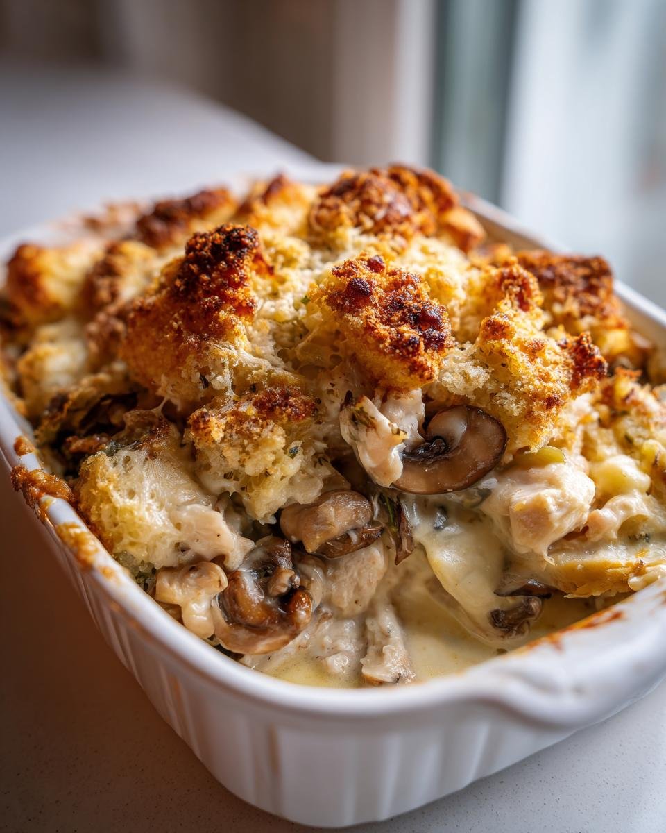 Nahaufnahme des Französischer Hühnerauflauf à la Normande mit cremiger Sauce und Pilzen.