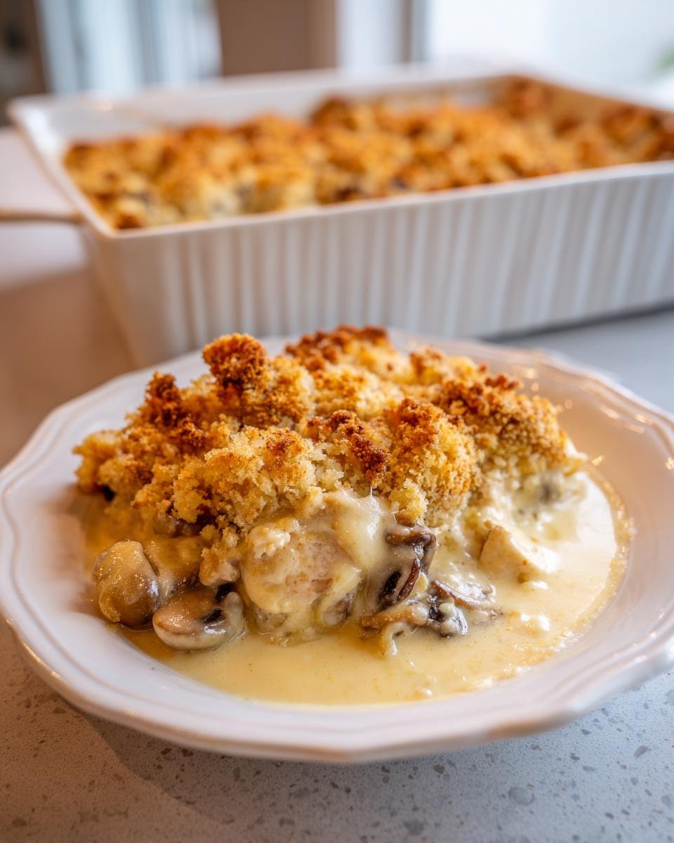 Eine Portion Französischer Hühnerauflauf à la Normande mit knuspriger Kruste und cremiger Pilzsoße.