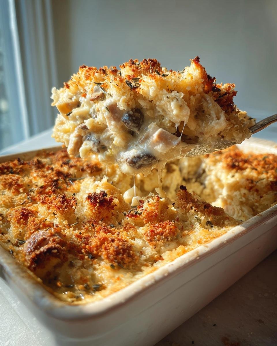 Ein Löffel hebt eine Portion des cremigen Französischer Hühnerauflauf à la Normande mit goldbrauner Kruste hervor.