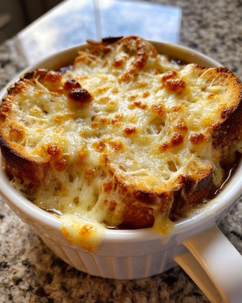 Nahaufnahme einer französischen Zwiebelsuppe mit geschmolzenem Käse und Crouton, die beste französische Zwiebelsuppe aller Zeiten!