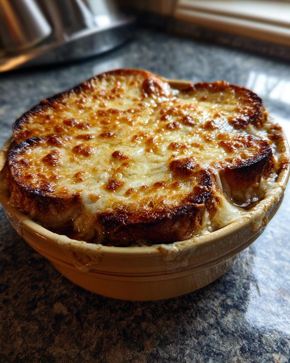 Nahaufnahme einer überbackenen Französische Zwiebelsuppe aller Zeiten mit goldbraunem Käse und geröstetem Brot.