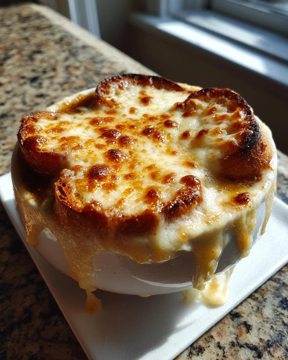 Nahaufnahme einer Schüssel mit Die beste französische Zwiebelsuppe aller Zeiten, bedeckt mit goldbraun überbackenem Käse und Croutons.