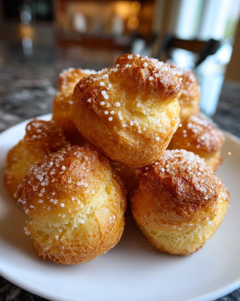 Ein Stapel goldbrauner Butterwölkchen, bestreut mit grobem Hagelzucker, auf einem weißen Teller.