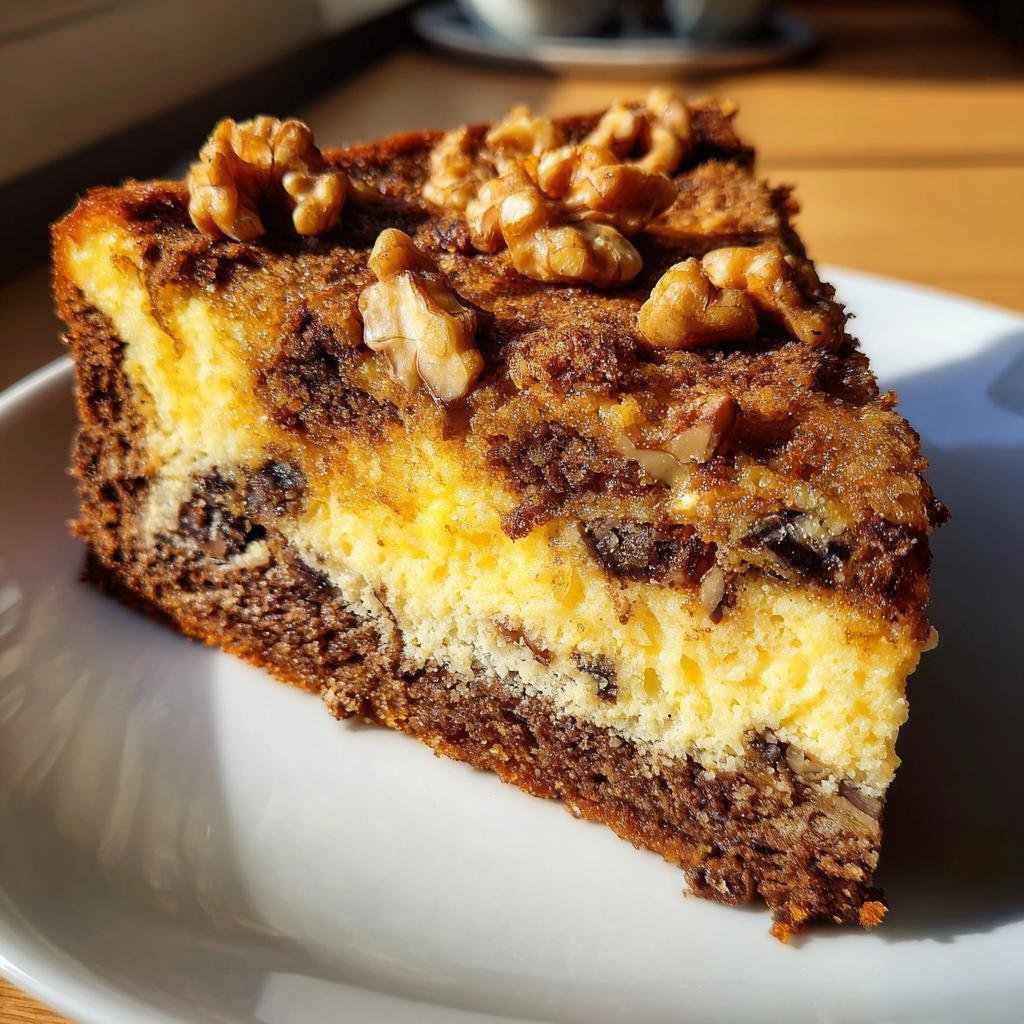 Nahaufnahme eines Kuchenschnitts: Friss dich dumm Kuchen mit Puddingfüllung und Walnüssen.