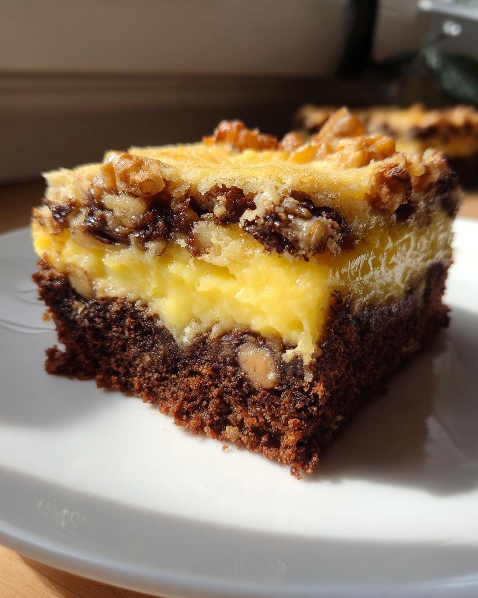 Nahaufnahme eines Stücks Friss dich dumm Kuchen mit Pudding und Walnüssen auf einem weißen Teller.