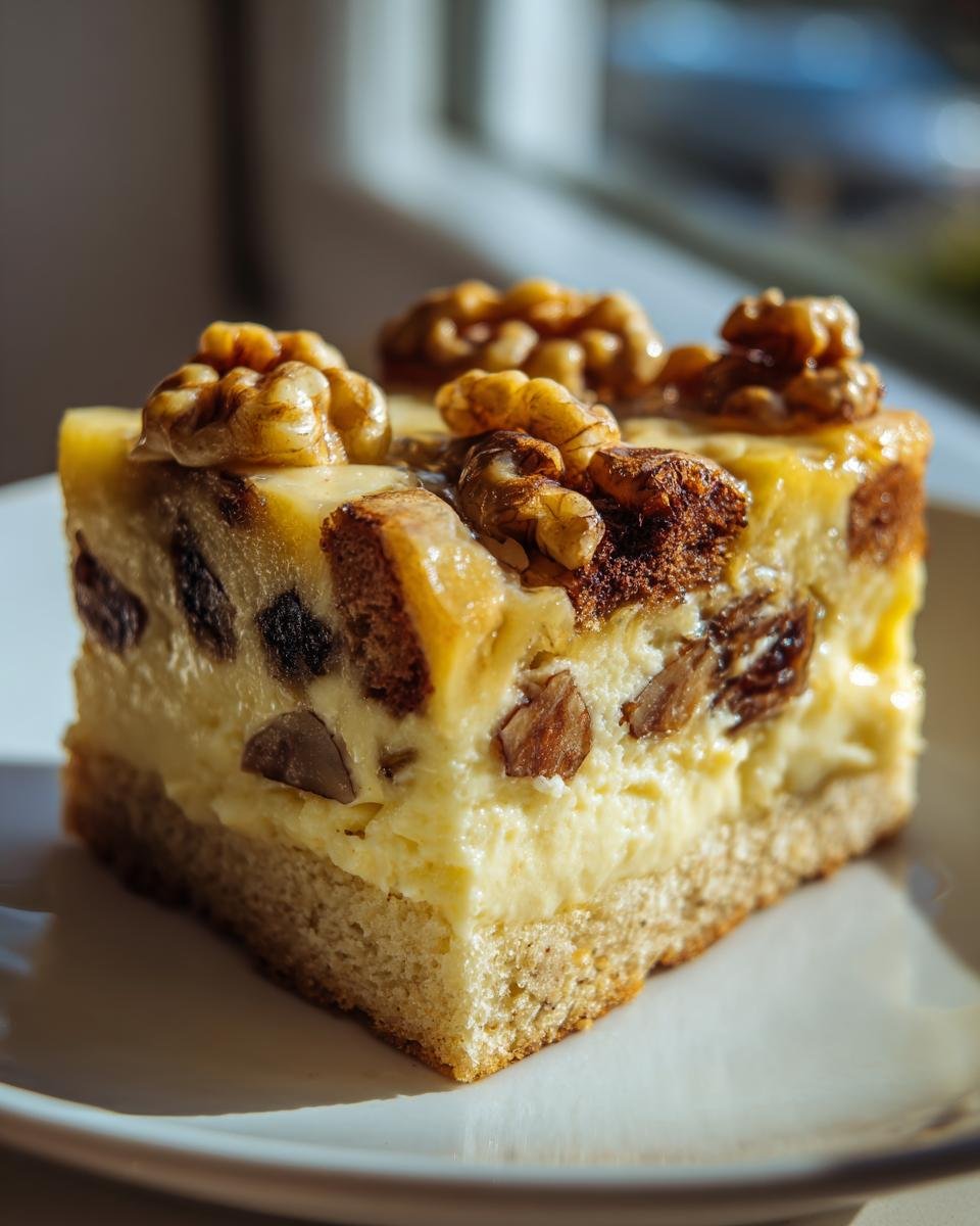 Ein saftiges Stück Friss dich dumm Kuchen mit Pudding, Rosinen und Walnüssen auf einem weißen Teller.