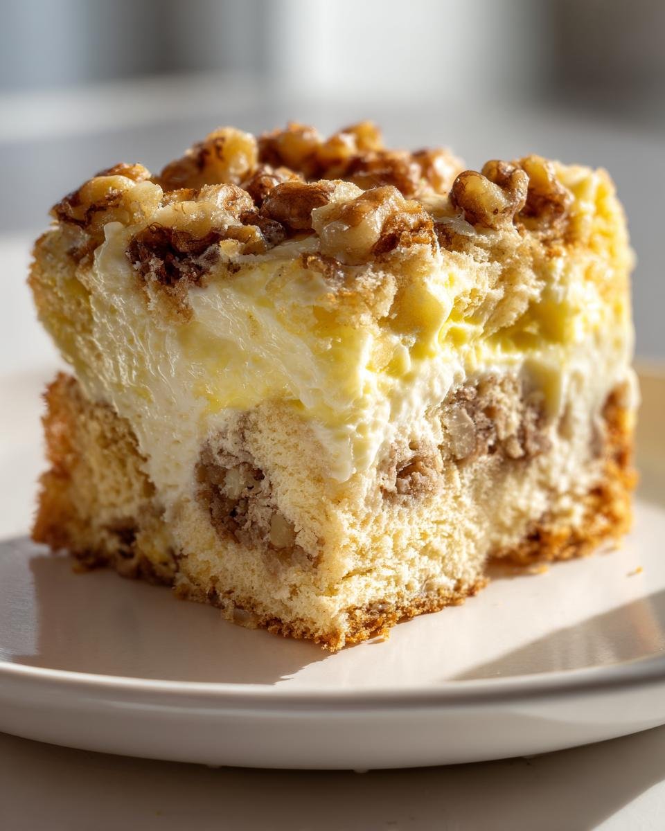 Nahaufnahme eines Stücks Friss dich dumm Kuchen mit Pudding, Walnüssen und Streuseln auf einem Teller.