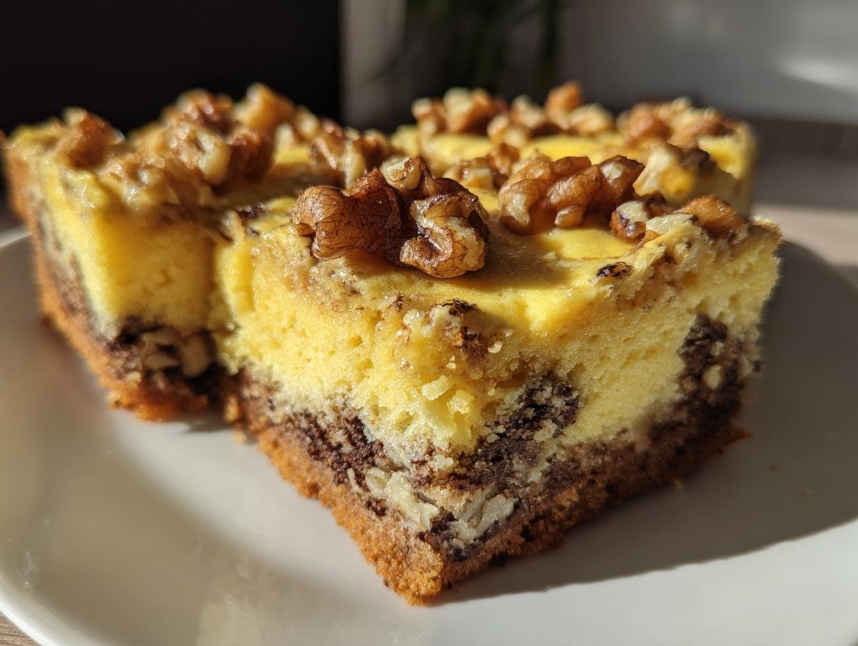 Nahaufnahme eines Stücks Friss dich dumm Kuchen mit Pudding und Walnüssen, mit gelber Puddingfüllung und Nussboden.