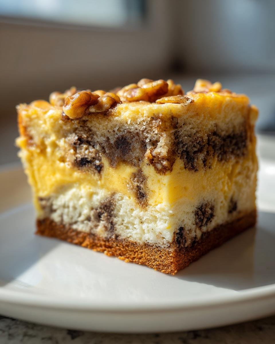 Ein saftiges Stück Friss dich dumm Kuchen mit Pudding, dunklen Schokostrudeln und Walnüssen auf einem weißen Teller.