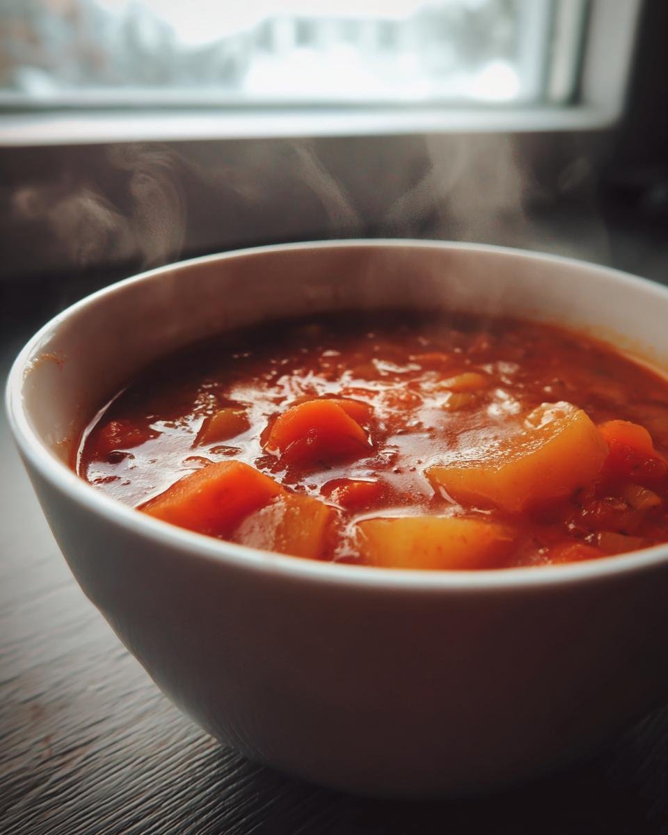 Nahaufnahme einer dampfenden Schüssel mit herzhafter Friss dich dumm Suppe, gefüllt mit großen Karottenstücken.