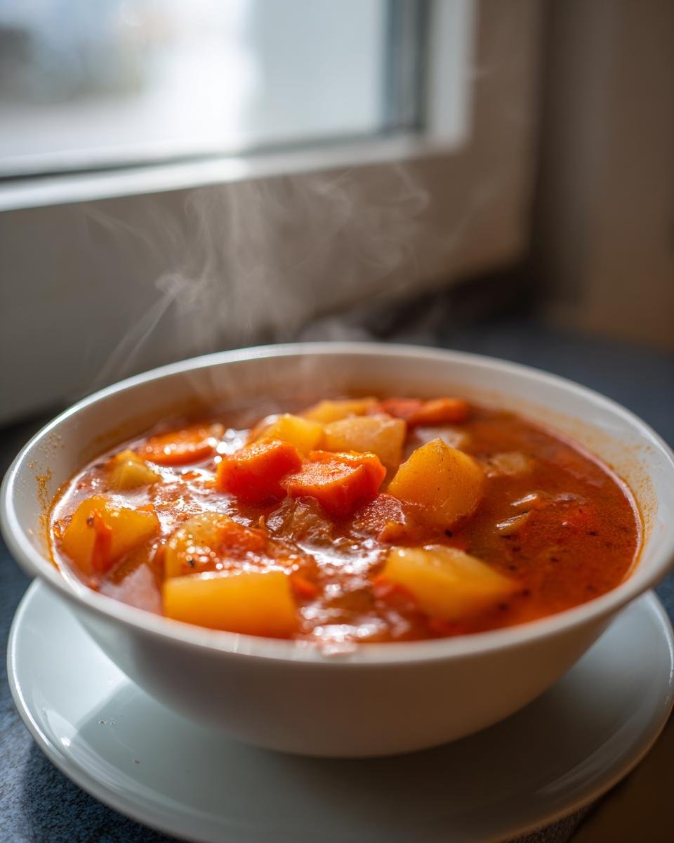 Nahaufnahme einer dampfenden, herzhaften Friss dich dumm Suppe mit großen Kartoffel- und Karottenstücken in einer weißen Schüssel.