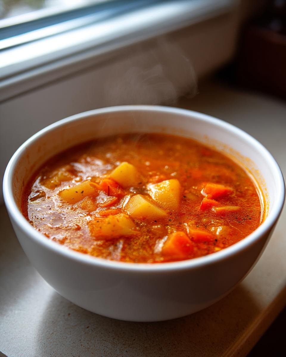 Eine dampfende Schüssel mit herzhafter Friss dich dumm Suppe, gefüllt mit Kartoffel- und Karottenstücken.