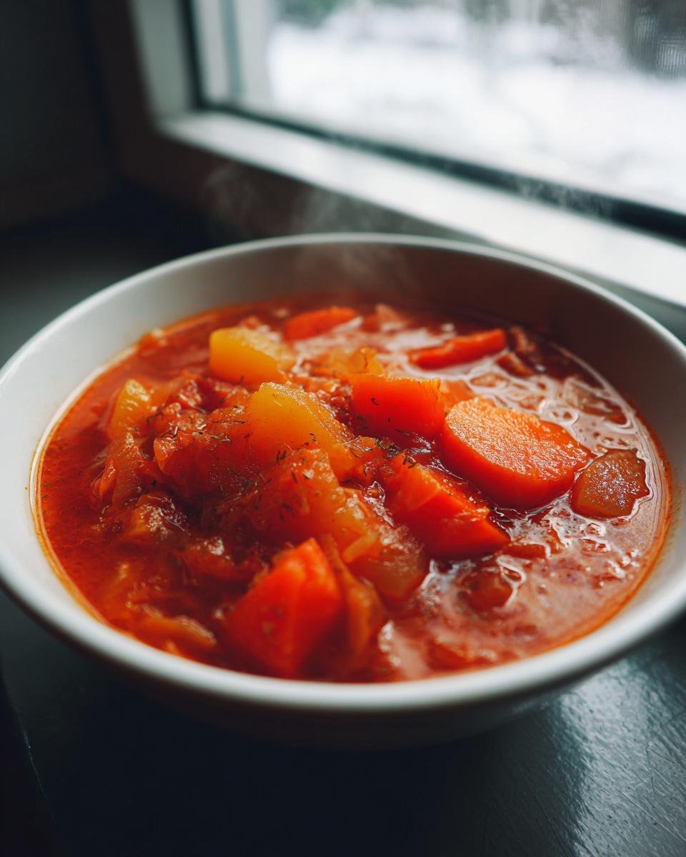 Nahaufnahme einer dampfenden Schüssel mit Friss dich dumm Suppe, reich an roten und gelben Gemüsestücken wie Karotten und Kartoffeln.