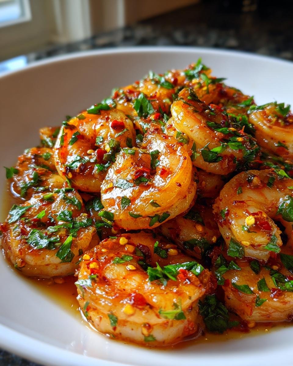 Nahaufnahme von saftigen Garnelen in Knoblauch-Chili-Öl, garniert mit frischer Petersilie und Chiliflocken.