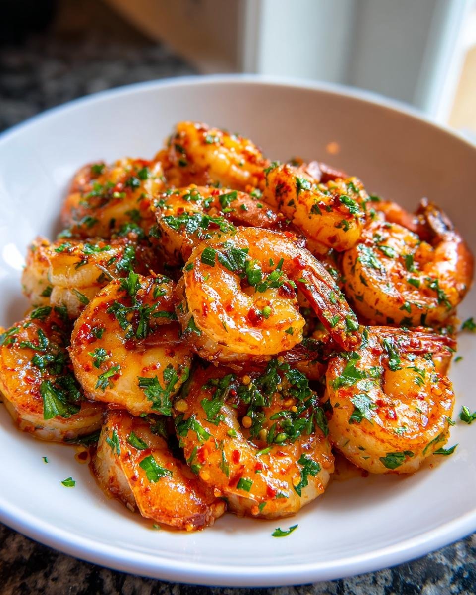 Garnelen in Knoblauch-Chili-Öl, glänzend und mit frischer Petersilie bestreut, in einer weißen Schale.