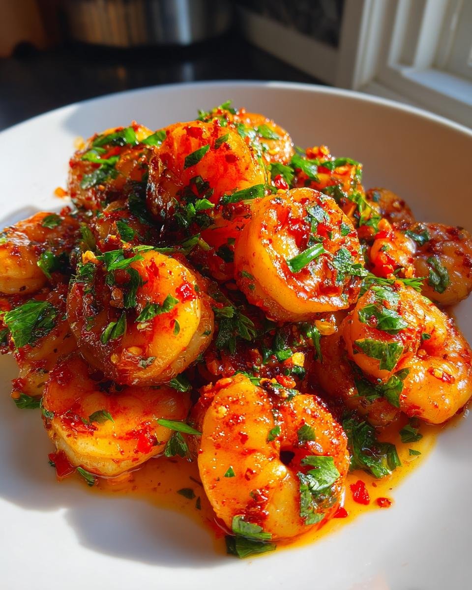 Nahaufnahme von saftigen Garnelen in Knoblauch-Chili-Öl, garniert mit frischer Petersilie auf einem weißen Teller.