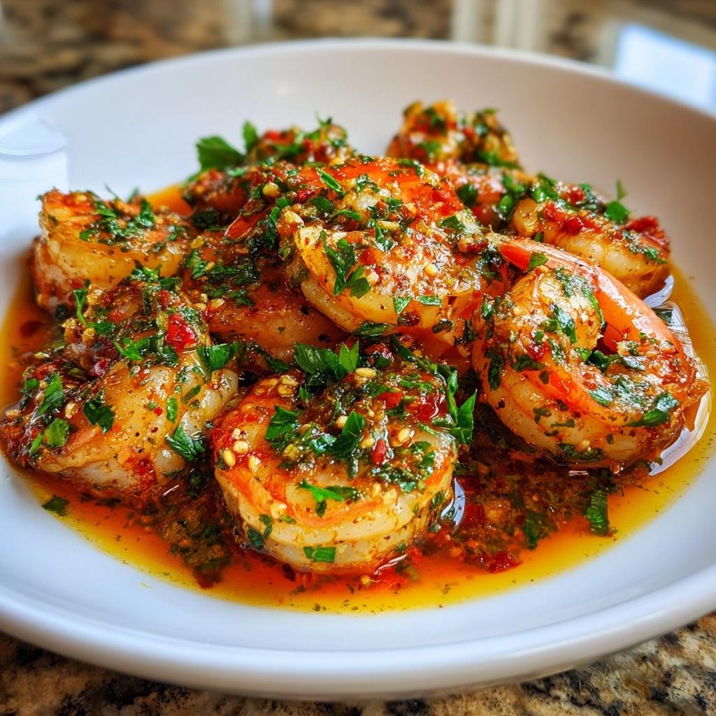 Nahaufnahme von saftigen Garnelen in Knoblauch-Chili-Öl, reichlich mit Petersilie bestreut.