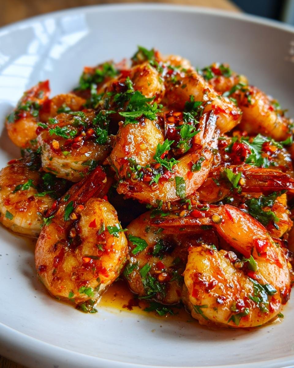 Nahaufnahme von saftigen Garnelen in Knoblauch-Chili-Öl, garniert mit frischer Petersilie.