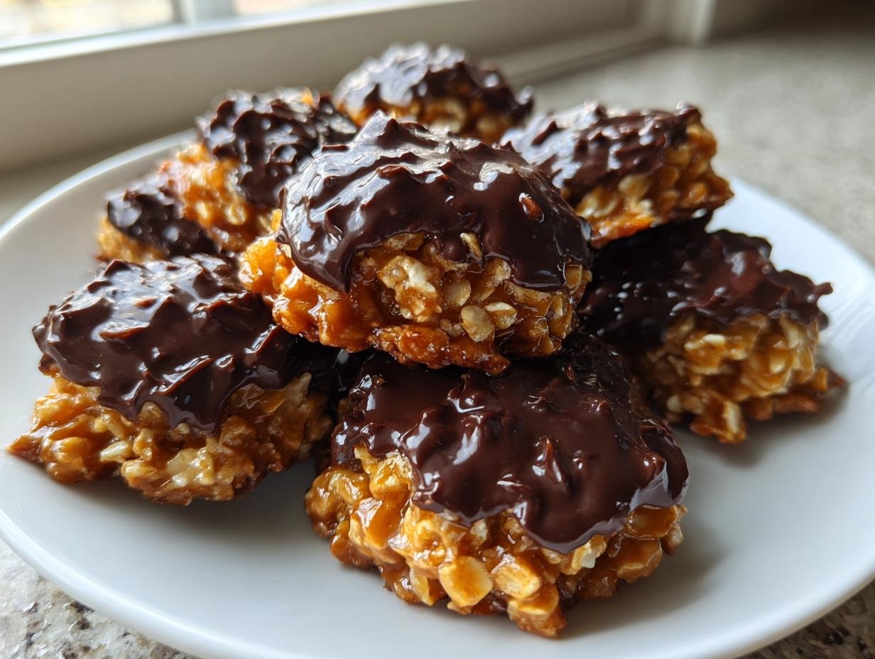Ein Haufen Gebrannte-Mandel-Plätzchen, die mit dunkler Schokolade überzogen sind, auf einem weißen Teller.