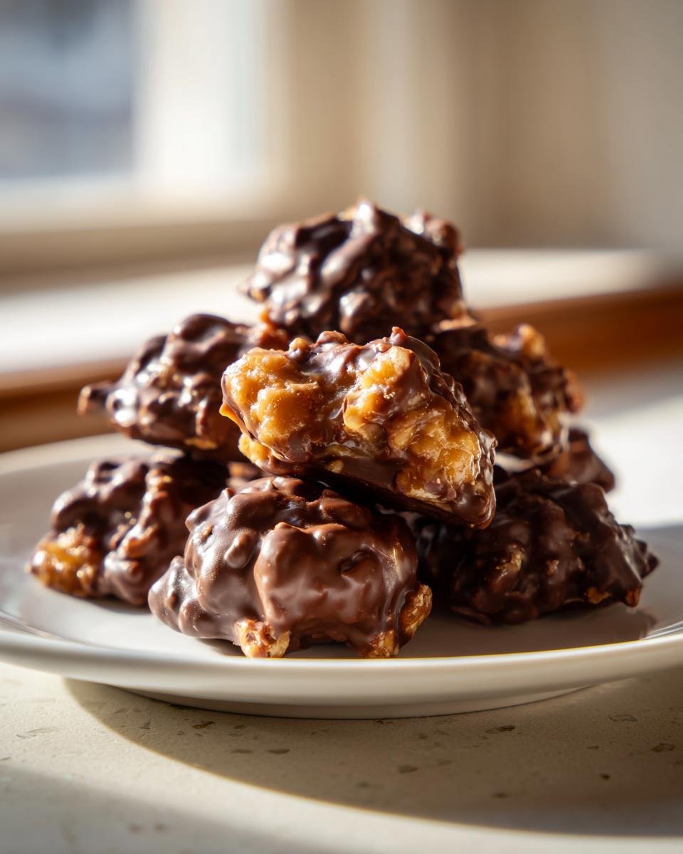 Ein Stapel von Gebrannte-Mandel-Plätzchen, umhüllt von glänzender dunkler Schokolade, auf einem weißen Teller.