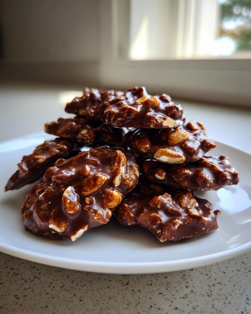 Ein Stapel glänzender Gebrannte-Mandel-Plätzchen mit gebrannten Mandeln in dunkler Schokolade auf einem weißen Teller.