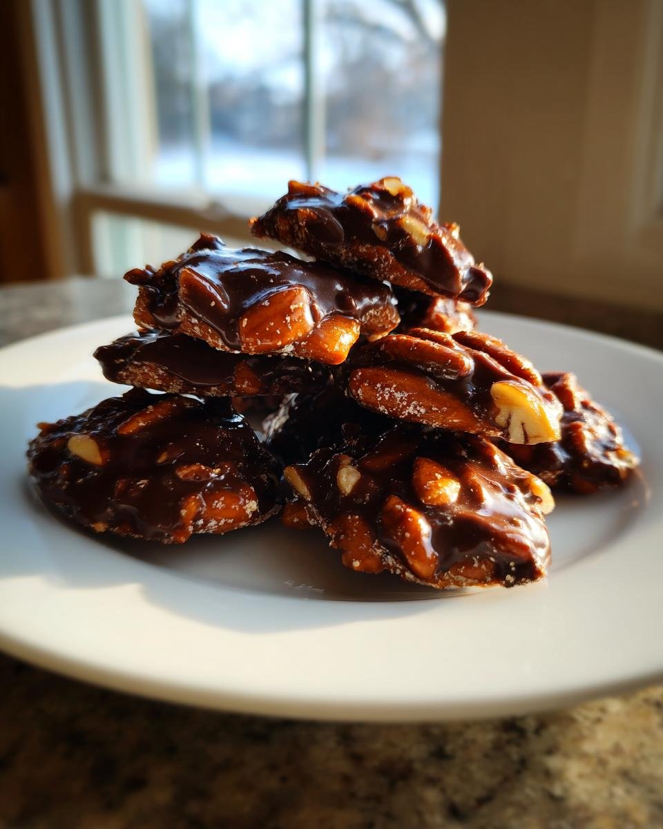 Ein Stapel glänzender Gebrannte-Mandel-Plätzchen, überzogen mit dunkler Schokolade, auf einem weißen Teller.