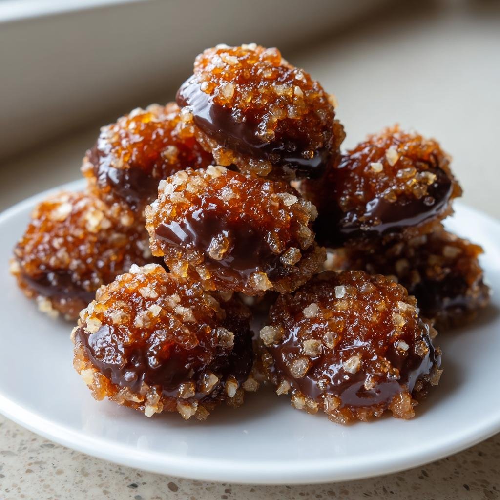 Stapel von glasierten Gebrannte-Mandel-Plätzchen, die mit grobem Zucker und dunkler Schokolade überzogen sind.
