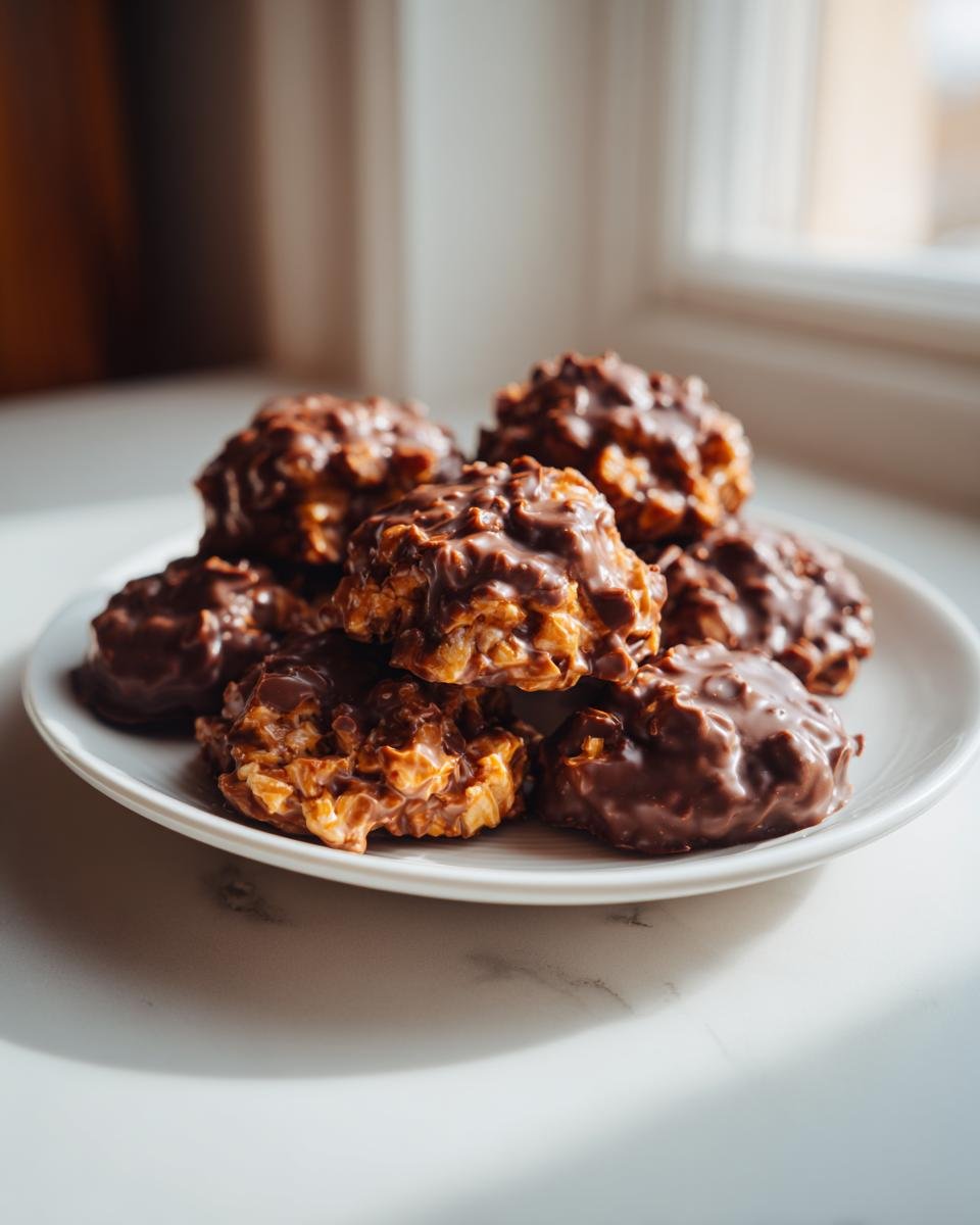 Ein Stapel leckerer Gebrannte-Mandel-Plätzchen, überzogen mit dunkler Schokolade, auf einem weißen Teller.