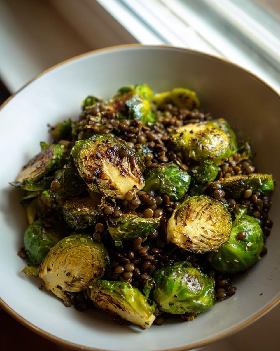 Gebratener Rosenkohl mit Berglinsen, angerichtet in einer hellen Schüssel, Nahaufnahme.
