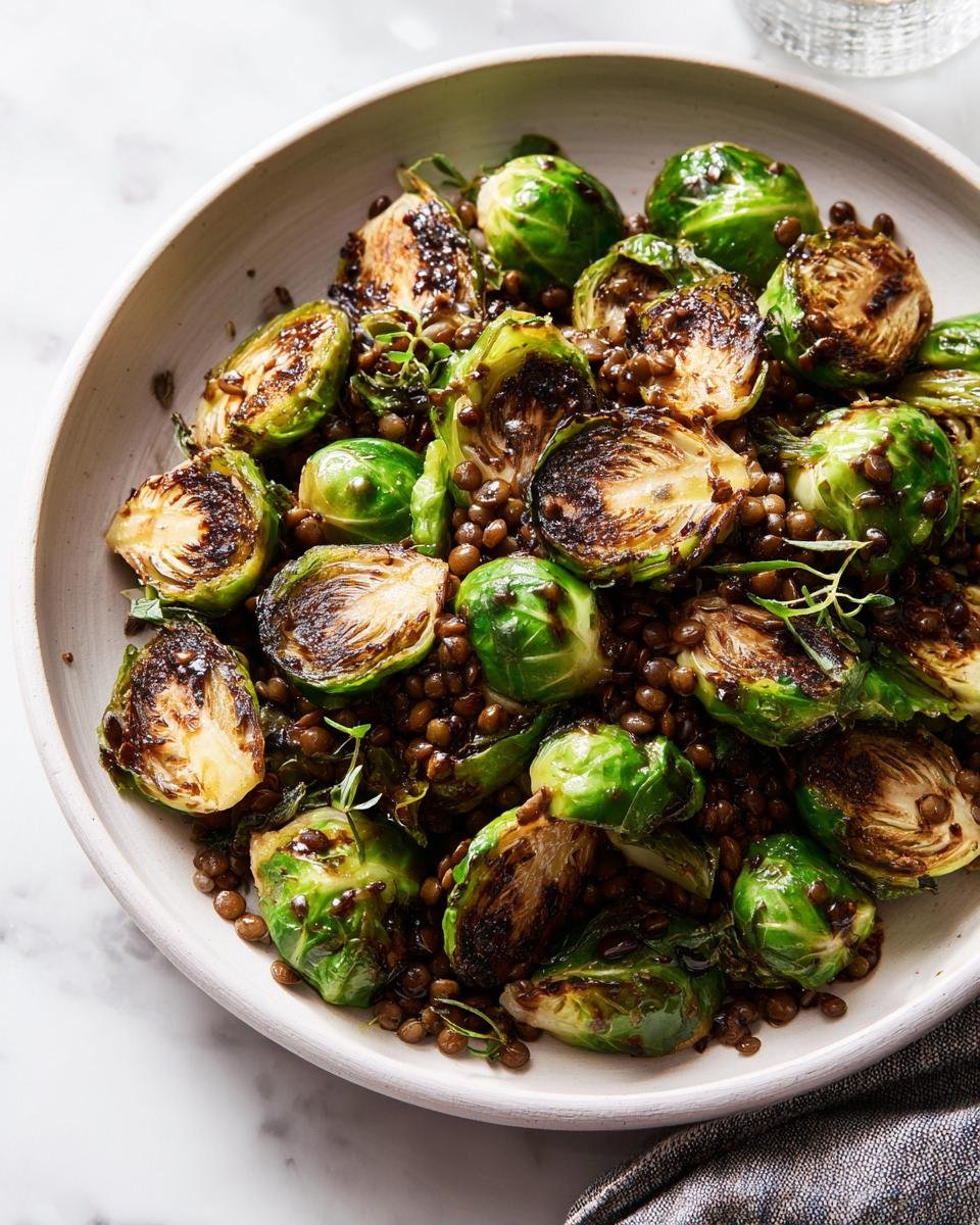 Nahaufnahme von Gebratener Rosenkohl mit Berglinsen, angerichtet in einer hellen Schüssel.