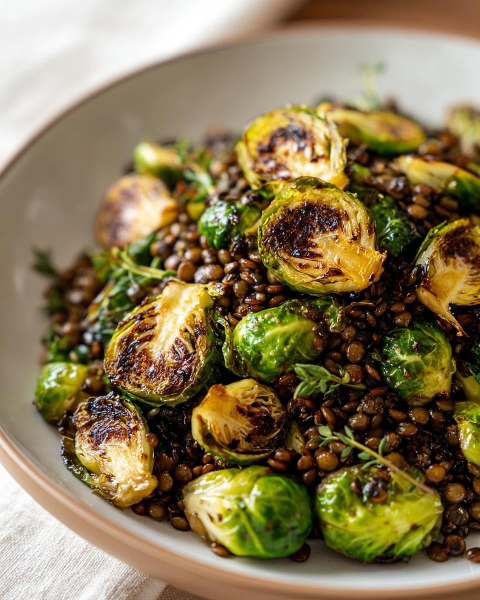 Nahaufnahme von gebratenem Rosenkohl und Berglinsen, garniert mit frischen Kräutern.