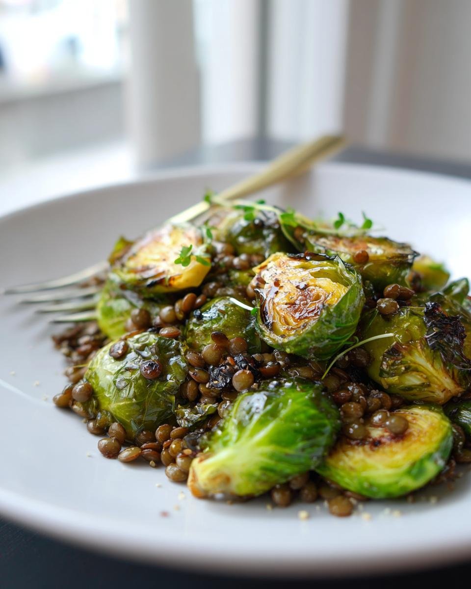 Nahaufnahme von gebratenem Rosenkohl mit Berglinsen, garniert mit Sprossen, ein Gericht für Gebratener Rosenkohl mit Berglinsen.