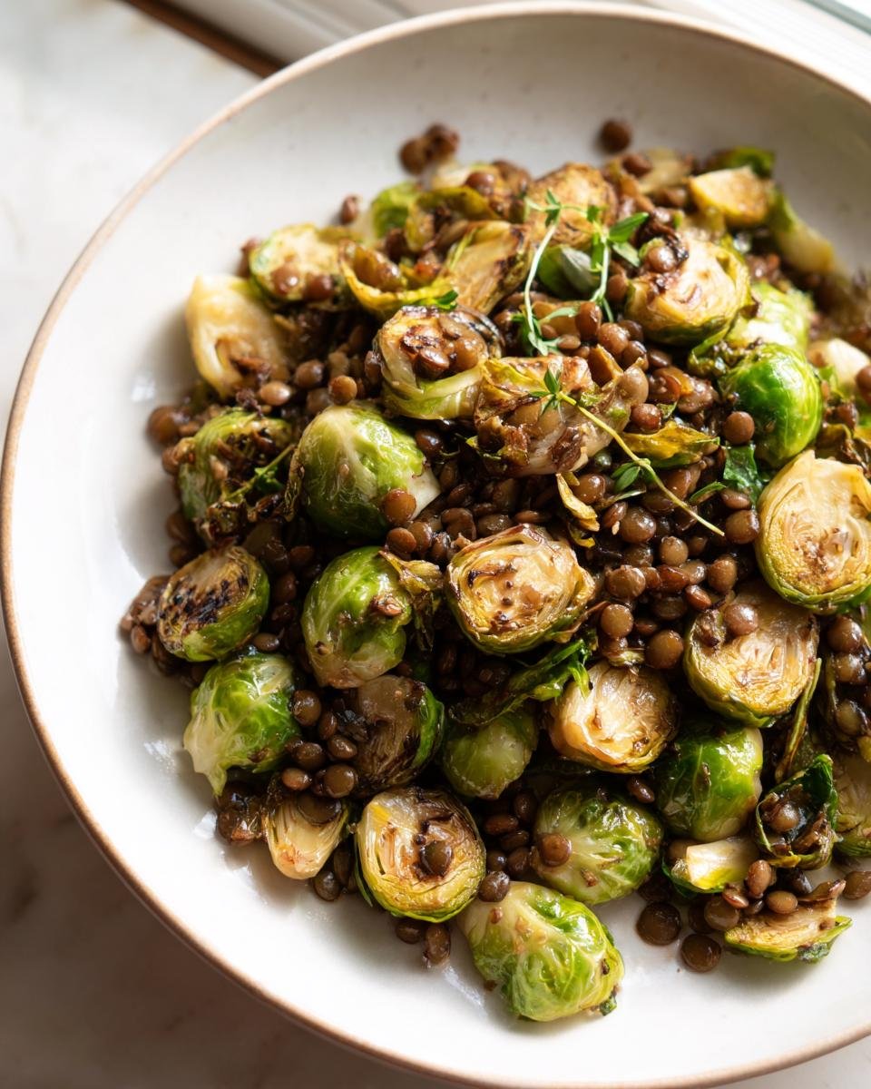 Nahaufnahme von Gebratener Rosenkohl mit Berglinsen, garniert mit frischen Kräutern in einer hellen Schale.