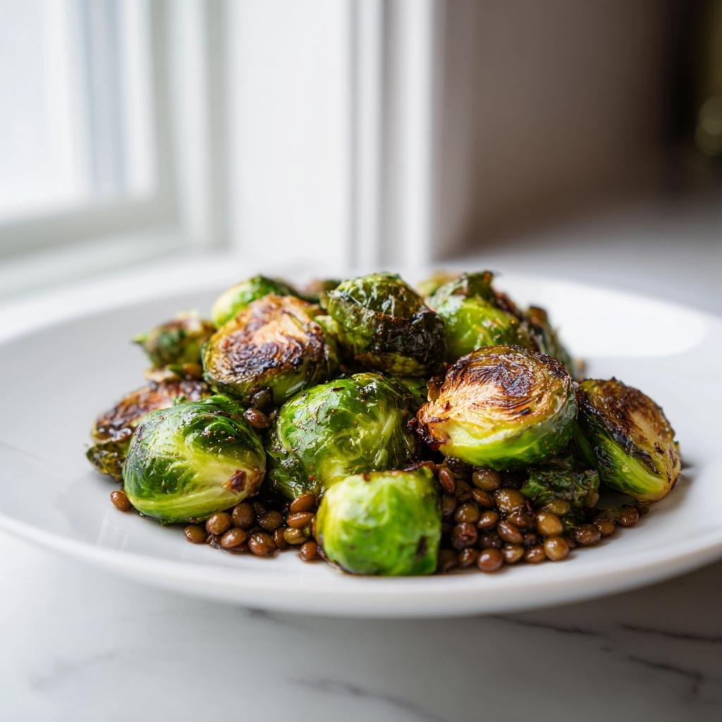 Gebratener Rosenkohl mit Berglinsen auf einem weißen Teller, leicht gebräunt und glänzend.