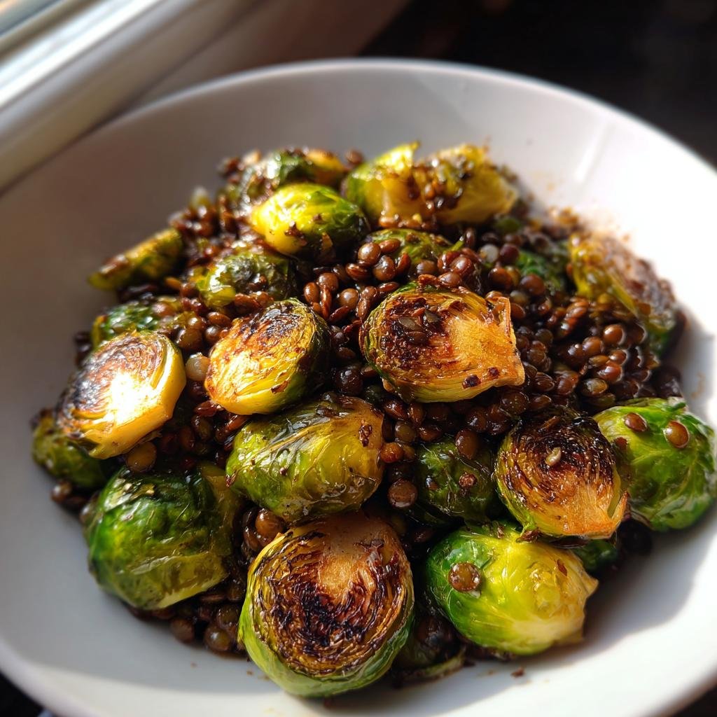 Nahaufnahme von Gebratener Rosenkohl mit Berglinsen in einer weißen Schüssel, leicht karamellisiert.