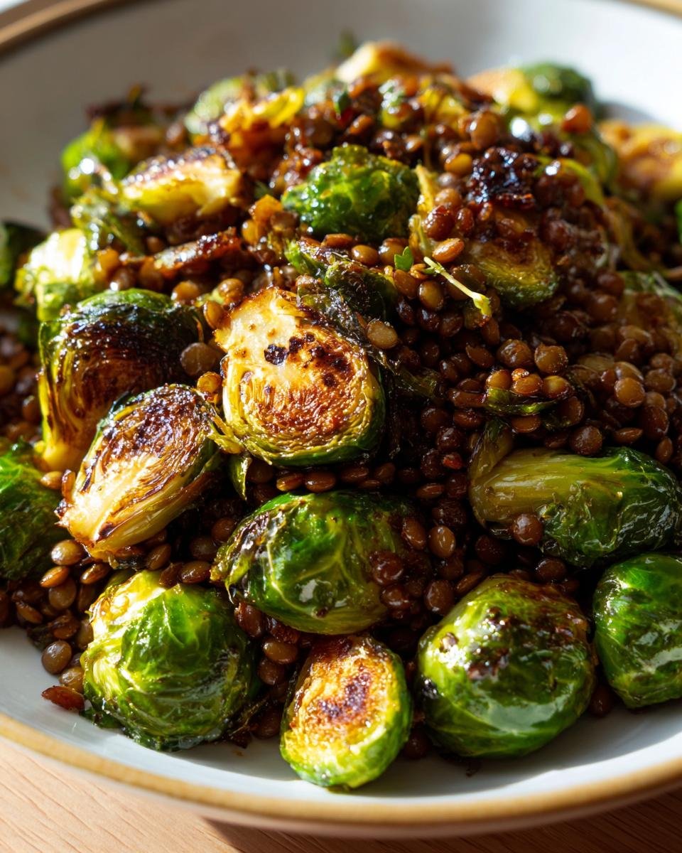 Nahaufnahme von gebratenem Rosenkohl und Berglinsen, die appetitlich karamellisiert sind.