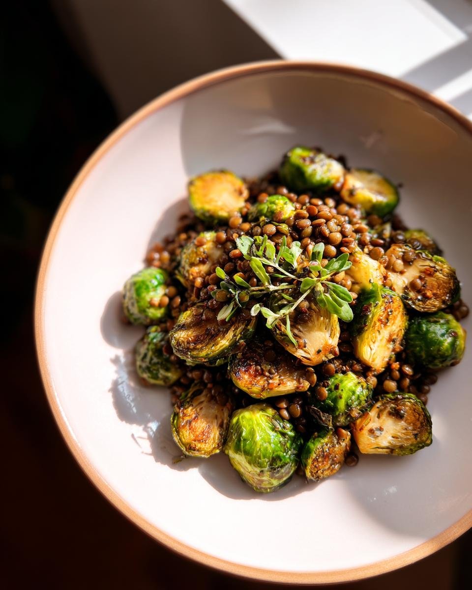 Gebratener Rosenkohl mit Berglinsen und frischen Kräutern in einer hellen Schale.