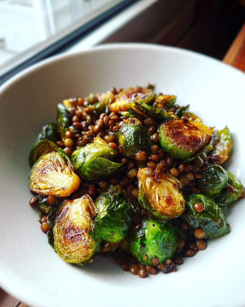 Nahaufnahme von Gebratener Rosenkohl mit Berglinsen in einer weißen Schüssel.