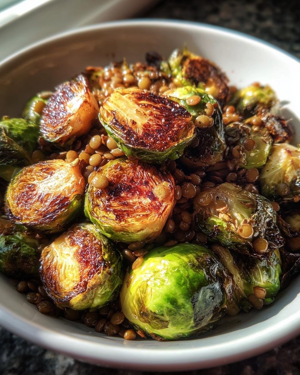 Nahaufnahme von gebratenem Rosenkohl und Berglinsen in einer weißen Schüssel, perfekt für das Rezept Gebratener Rosenkohl mit Berglinsen.