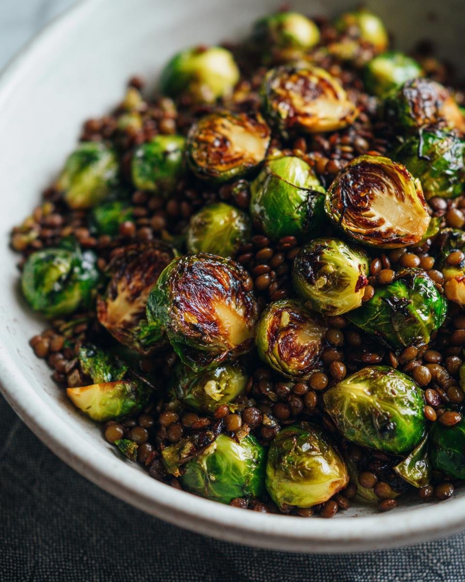 Nahaufnahme von Gebratener Rosenkohl mit Berglinsen in einer weißen Schüssel.