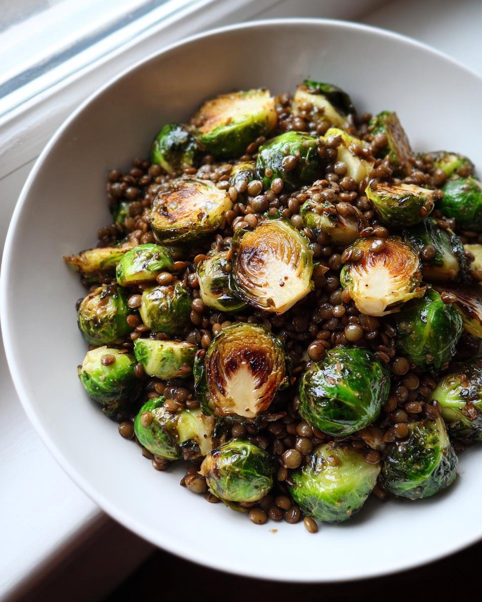 Nahaufnahme von Gebratener Rosenkohl mit Berglinsen in einer weißen Schüssel, leicht gebräunt.