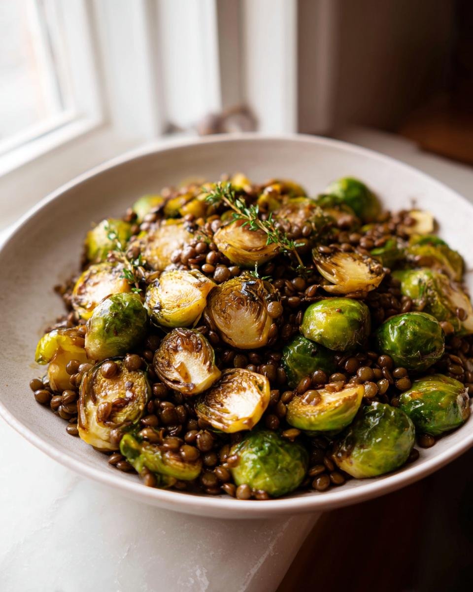 Gebratener Rosenkohl mit Berglinsen, garniert mit Thymian, in einer hellen Schale.