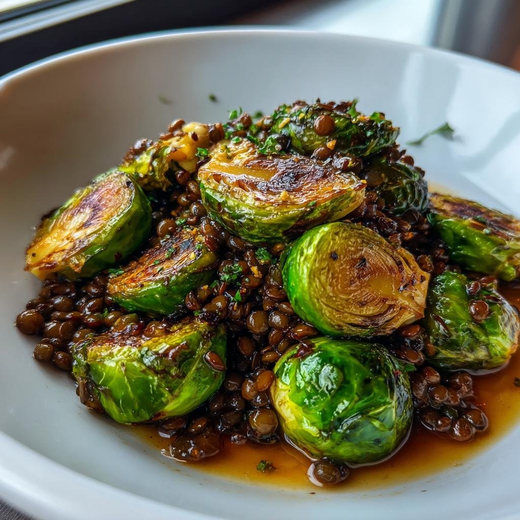 Nahaufnahme von Gebratener Rosenkohl mit Berglinsen, angerichtet in einer weißen Schüssel mit herzhafter Soße.