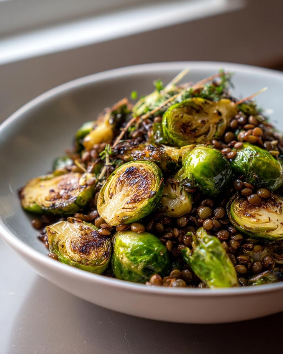 Nahaufnahme von Gebratener Rosenkohl mit Berglinsen, garniert mit frischen Kräutern in einer hellen Schale.